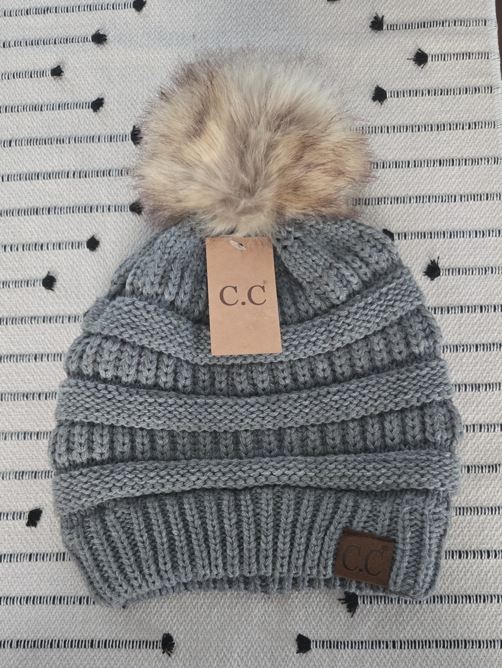 C.C Gray Knit Beanie with Faux Fur Pom